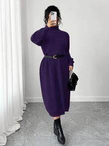 SHEIN Tall CURVE 大尺碼女款秋冬純色休閒百搭寬鬆修身顯瘦高領拉鍊袖針織長洋裝，慵懶隨性風，可作內搭或外穿，適合通勤、日常穿著、外出、約會等多種場合 - 紫羅蘭色 - 查看 3