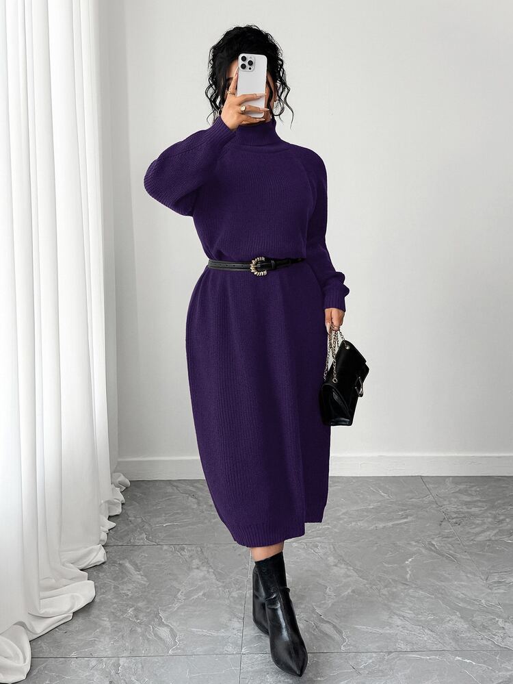 SHEIN Tall CURVE Plus Size Women Autumn/Winter Solid Color Casual Versatile Loose Fit Flattering Slimming High Neck Zipper Sleeve Knit Long Dress, Lazy Casual Style, Dual Use As Inner Layer Or Outer Wear, Suitable For Commute, Daily Wear, Outings, Dates And Multiple Occasions - Violet Purple - View 3