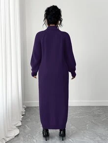 SHEIN Tall CURVE 大尺碼女款秋冬純色休閒百搭寬鬆修身顯瘦高領拉鍊袖針織長洋裝，慵懶隨性風，可作內搭或外穿，適合通勤、日常穿著、外出、約會等多種場合 - 紫羅蘭色 - 查看 2