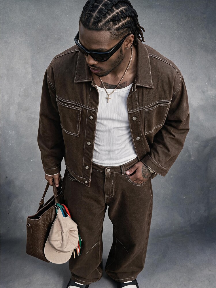 AXEPEAK Men's Single-Breasted Long Sleeve Shirt And Long Pants Casual Daily Denim Set - Coffee Brown - View 8