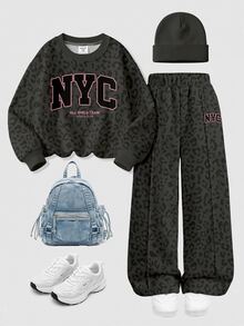 黑粉配色 時尚豹紋運動風對比字母 NYC 圖案 少女休閒柔軟舒適寬鬆圓領套頭衛衣與寬腿褲運動套裝 適合秋冬日常街頭穿搭 新風格 時髦女孩 校園風返校穿搭 - 彩色 - 查看 7