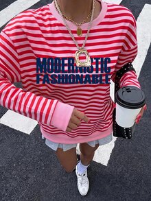 Muchica 秋季新款海外版女款寬鬆圓領長袖運動衫，草莓粉條紋個性化標語印花圖案，秋冬風格，適合日常通勤、約會、聚會、秋冬、夏季、派對、婚禮、海灘、畢業典禮等場合，優雅休閒，適合出遊、Y2K風格、音樂節等場景 - 白色 - 查看 5
