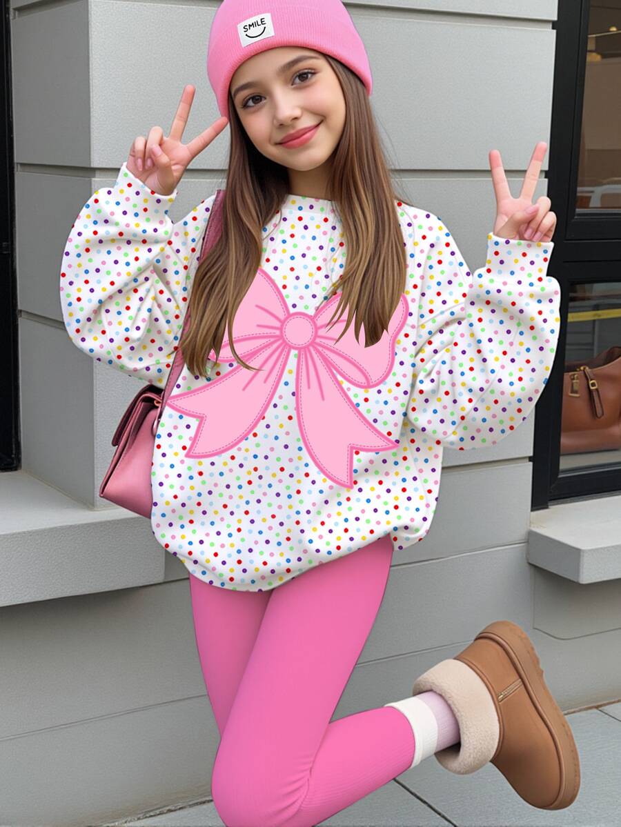 Tween女孩可愛簡約甜美蝴蝶結圖案彩色圓點圓領衛衣彈性腰長褲套裝，適合秋冬保暖內裡，休閒秋季風格，秋季穿搭，冬季，秋季，秋季套裝 - 彩色 - 查看 1