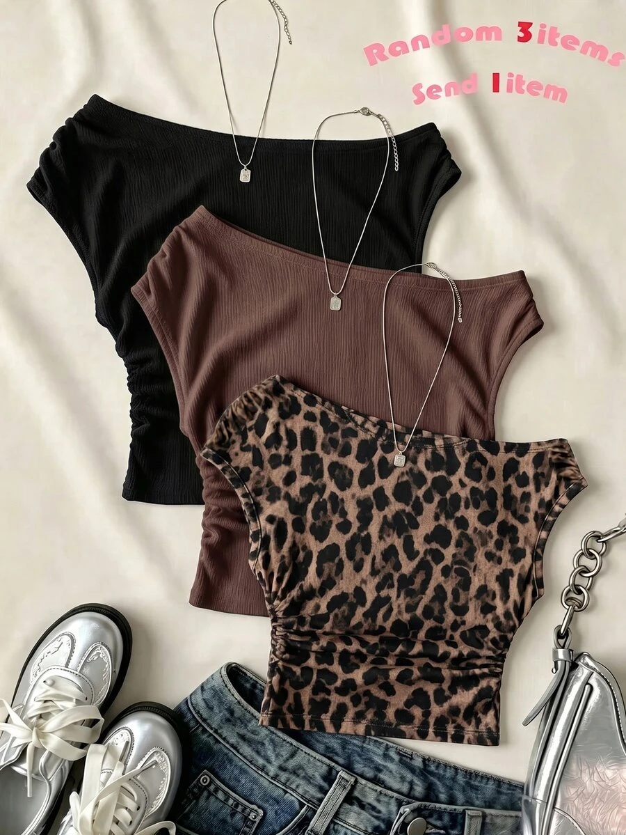 Teen Girls White Casual Minimalist Fitted Asymmetrical Shoulder Ruched Cropped Top, Suitable For Spring/Summer, Personalized Outfit, Daily Wear - Multicolor - View 1