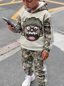 兒童青少年男孩休閒極簡長袖連帽舒適運動衫 2件套，適合秋冬 - 彩色 - 查看 4