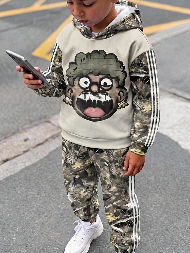 Kids Tween Boy Casual Minimalist Long Sleeve Hooded Comfortable Sweatshirt 2 Pieces Set Suitable For Autumn/Winter - Multicolor - View 4