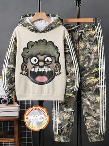 兒童青少年男孩休閒極簡長袖連帽舒適運動衫 2件套，適合秋冬 - 彩色 - 查看 6