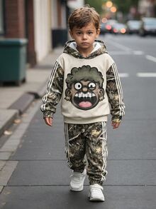 兒童青少年男孩休閒極簡長袖連帽舒適運動衫 2件套，適合秋冬 - 彩色 - 查看 3