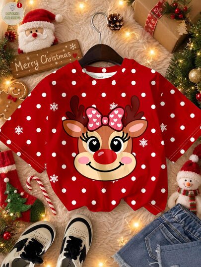 Young Girl Casual Minimalist Cute Fun Cartoon Christmas Reindeer Pattern, Polka Dot Snowflake, Christmas Red, Round Neck Short Sleeve T-Shirt Suitable For Christmas Kawaii,Graphic,Cute Tops,Christmas Tops