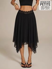 SHEIN PETITE Women's Black Lace Patchwork Asymmetrical Hem Fashion Versatile Skirt - Black - View 10