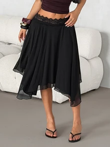 SHEIN PETITE Women's Black Lace Patchwork Asymmetrical Hem Fashion Versatile Skirt - Black - View 7