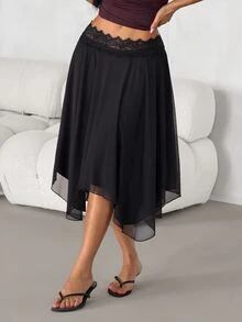 SHEIN PETITE Women's Black Lace Patchwork Asymmetrical Hem Fashion Versatile Skirt - Black - View 12