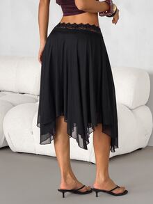 SHEIN PETITE Women's Black Lace Patchwork Asymmetrical Hem Fashion Versatile Skirt - Black - View 2