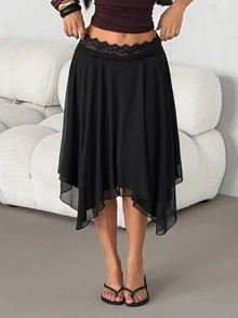 SHEIN PETITE Women's Black Lace Patchwork Asymmetrical Hem Fashion Versatile Skirt - Black - View 8