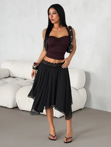 SHEIN PETITE Women's Black Lace Patchwork Asymmetrical Hem Fashion Versatile Skirt - Black - View 5