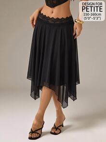 SHEIN PETITE Women's Black Lace Patchwork Asymmetrical Hem Fashion Versatile Skirt - Black - View 13