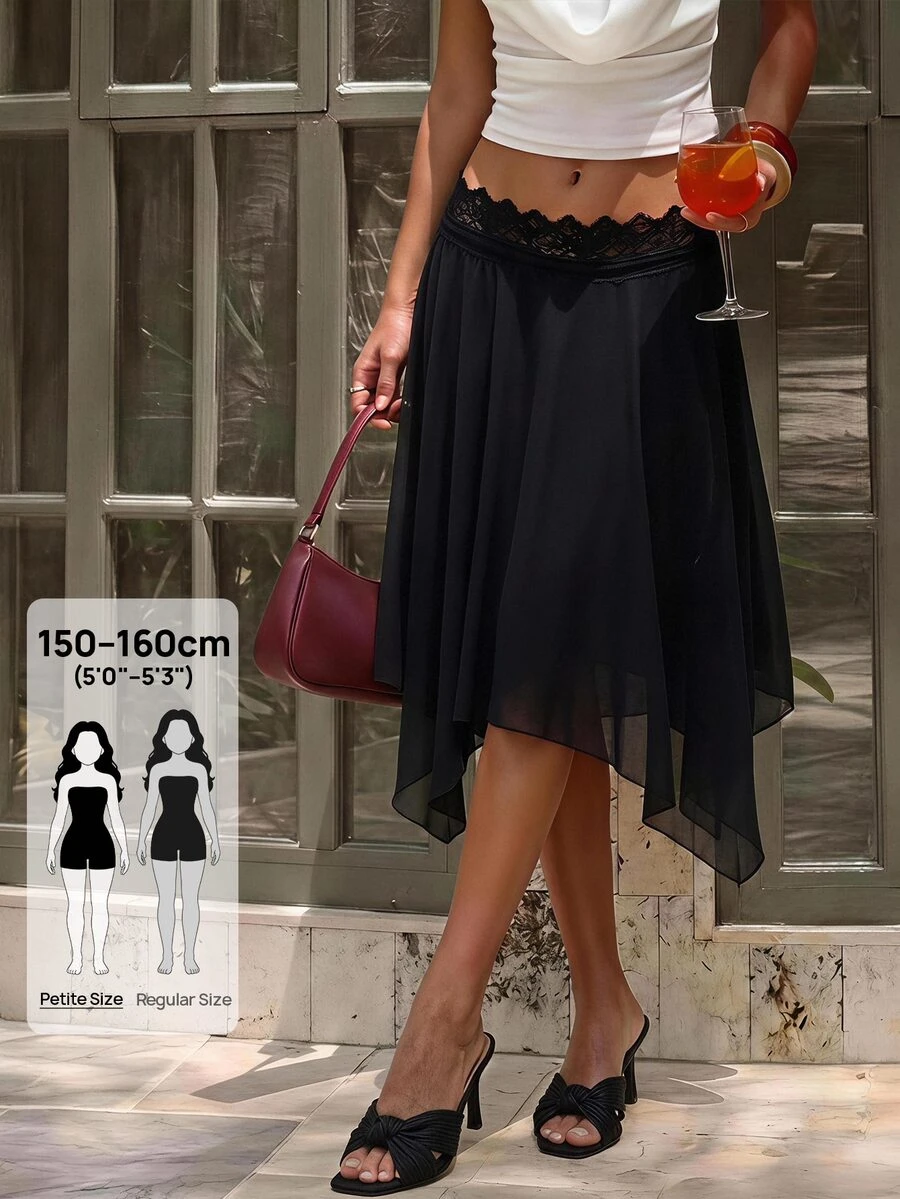 SHEIN PETITE Women's Black Lace Patchwork Asymmetrical Hem Fashion Versatile Skirt - Black - View 1