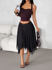 SHEIN PETITE Women's Black Lace Patchwork Asymmetrical Hem Fashion Versatile Skirt - Black - View 6