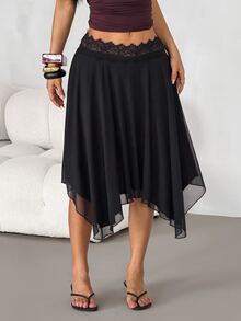 SHEIN PETITE Women's Black Lace Patchwork Asymmetrical Hem Fashion Versatile Skirt - Black - View 4