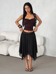 SHEIN PETITE Women's Black Lace Patchwork Asymmetrical Hem Fashion Versatile Skirt - Black - View 3