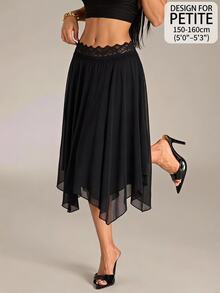 SHEIN PETITE Women's Black Lace Patchwork Asymmetrical Hem Fashion Versatile Skirt - Black - View 11
