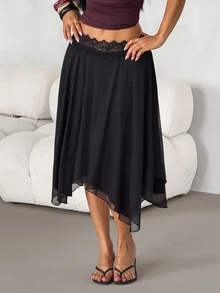 SHEIN PETITE Women's Black Lace Patchwork Asymmetrical Hem Fashion Versatile Skirt - Black - View 9