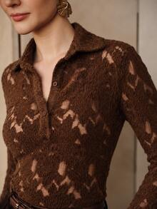 Anewsta Spring/Autumn Dark Brown Lapel Hollow Lace Slim Fit Long Sleeve Half-Button Blouse, Commuter/Date Layering Inner/Outer Top For Women - Brown - View 2