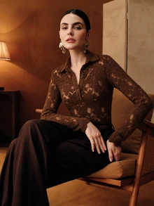 Anewsta Spring/Autumn Dark Brown Lapel Hollow Lace Slim Fit Long Sleeve Half-Button Blouse, Commuter/Date Layering Inner/Outer Top For Women - Brown - View 3