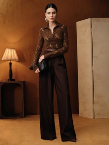Anewsta Spring/Autumn Dark Brown Lapel Hollow Lace Slim Fit Long Sleeve Half-Button Blouse, Commuter/Date Layering Inner/Outer Top For Women - Brown - View 6