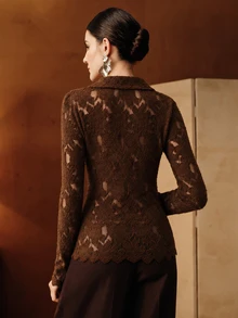 Anewsta Spring/Autumn Dark Brown Lapel Hollow Lace Slim Fit Long Sleeve Half-Button Blouse, Commuter/Date Layering Inner/Outer Top For Women - Brown - View 7