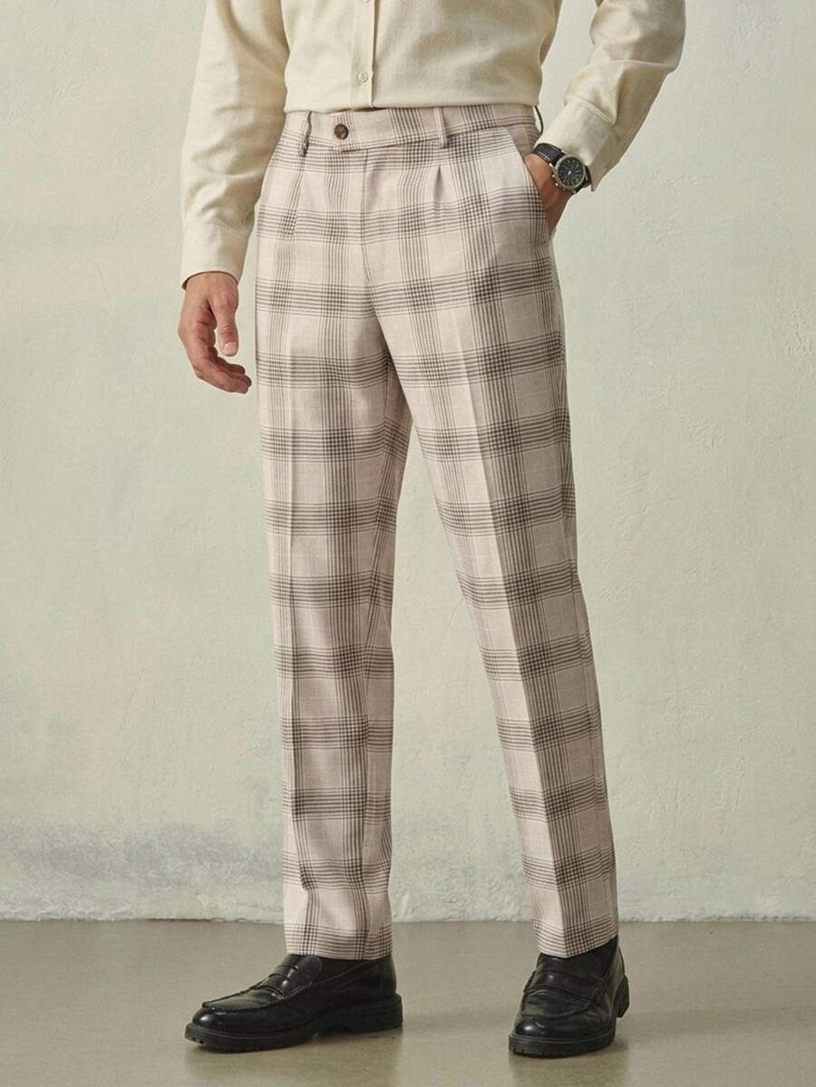 RONVEXI Men's Long Pants, Plaid Design Suit Trousers, Slim Fit Basic Style, Suitable For Holiday Events And Daily Wear, Ideal Choice As Birthday Gift Pink - White - View 1
