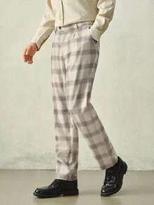 RONVEXI Men's Long Pants, Plaid Design Suit Trousers, Slim Fit Basic Style, Suitable For Holiday Events And Daily Wear, Ideal Choice As Birthday Gift Pink - White - View 3