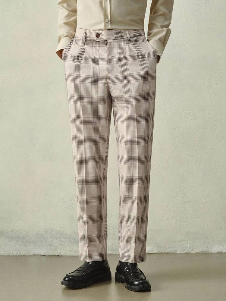 Manfinity Homme Men's Long Pants, Plaid Design Suit Trousers, Slim Fit Basic Style, Suitable For Holiday Events And Daily Wear, Ideal Choice As Birthday Gift Pink - White - View 5