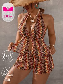 Voyashape Women's Orange Knitted 3-Piece Bikini Set,Summer Boho Beach Holiday Gradient Wavy Bralette Crop Top,Wide Shorts Triangle Bottoms,Backless - Multicolor - View 5
