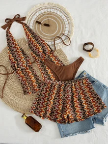 Voyashape Women's Orange Knitted 3-Piece Bikini Set,Summer Boho Beach Holiday Gradient Wavy Bralette Crop Top,Wide Shorts Triangle Bottoms,Backless - Multicolor - View 6