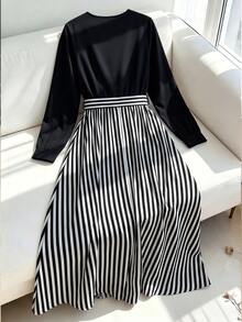GlowEve CURVE Vestido de mujer talla grande a rayas negras y blancas, diseño elegante de manga larga con patchwork, cinturón en la cintura, ajuste ceñido, casual, fiesta, formal, oficina, otoño - Negro - Ver 2