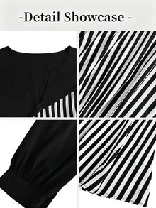 GlowEve CURVE Vestido de mujer talla grande a rayas negras y blancas, diseño elegante de manga larga con patchwork, cinturón en la cintura, ajuste ceñido, casual, fiesta, formal, oficina, otoño - Negro - Ver 6