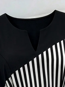 GlowEve CURVE Vestido de mujer talla grande a rayas negras y blancas, diseño elegante de manga larga con patchwork, cinturón en la cintura, ajuste ceñido, casual, fiesta, formal, oficina, otoño - Negro - Ver 3