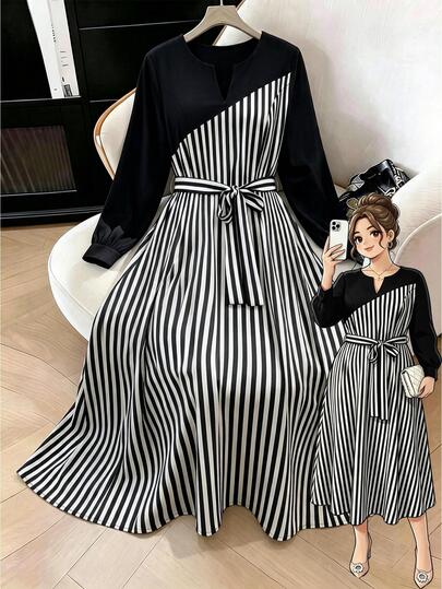 GlowEve CURVE Gaun Wanita Ukuran Besar Bergaris Hitam Putih Elegan Lengan Panjang Desain Patchwork Sabuk Pinggang Pas Ramping Kasual Pesta Formal Kantor Musim Gugur