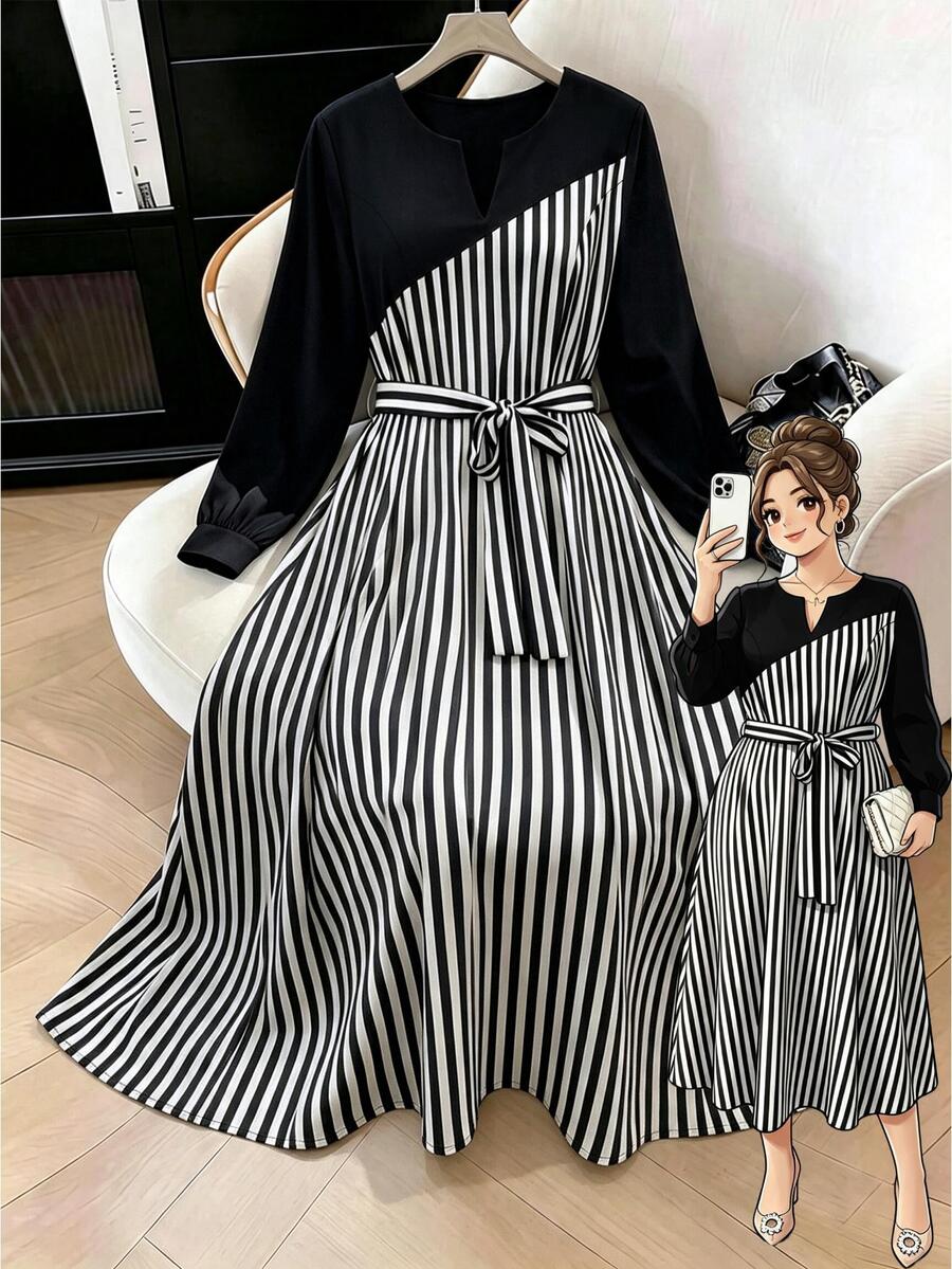 GlowEve CURVE Vestido de mujer talla grande a rayas negras y blancas, diseño elegante de manga larga con patchwork, cinturón en la cintura, ajuste ceñido, casual, fiesta, formal, oficina, otoño - Negro - Ver 1