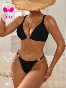 Voyashape 女士夏季沙滩金属装饰性感文胸和三角比基尼套装 - 黑色 - 查看 4