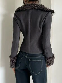 Aloruh Women's Autumn/Winter New Fuzzy Jacket, Suede Jacket, Mixed Material Patchwork Jacket, Streetwear Jacket Fall Clothes For Women - Dark Grey - View 2