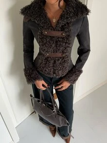 Aloruh Women's Autumn/Winter New Fuzzy Jacket, Suede Jacket, Mixed Material Patchwork Jacket, Streetwear Jacket Fall Clothes For Women - Dark Grey - View 4