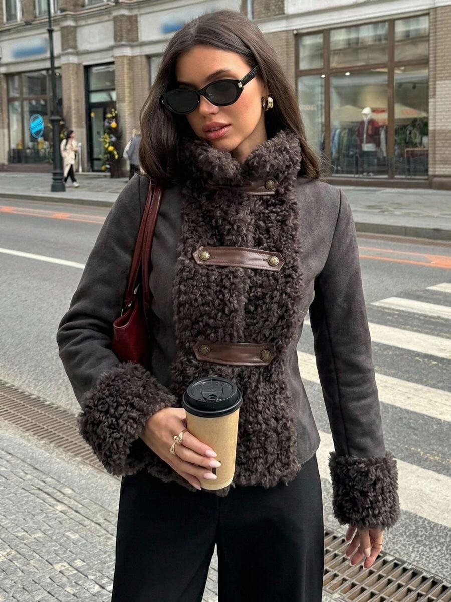 Aloruh Women's Autumn/Winter New Fuzzy Jacket, Suede Jacket, Mixed Material Patchwork Jacket, Streetwear Jacket Fall Clothes For Women - Dark Grey - View 1