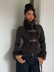 Aloruh Women's Autumn/Winter New Fuzzy Jacket, Suede Jacket, Mixed Material Patchwork Jacket, Streetwear Jacket Fall Clothes For Women - Dark Grey - View 5