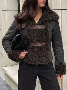 Aloruh Women's Autumn/Winter New Fuzzy Jacket, Suede Jacket, Mixed Material Patchwork Jacket, Streetwear Jacket Fall Clothes For Women - Dark Grey - View 7
