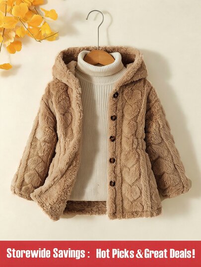 SHEIN Young Girl 1pc Plush Warm Classic Street Style Hooded Long Sleeve Coat Young Girl Fluffy Coat Autumn Winter