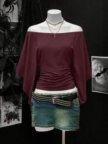 Bitrose Women's Solid Color Off-Shoulder Batwing Sleeve Cinched Waist Retro Sexy T-Shirt - Redwood - View 3