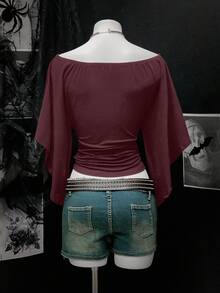 Bitrose Women's Solid Color Off-Shoulder Batwing Sleeve Cinched Waist Retro Sexy T-Shirt - Redwood - View 2