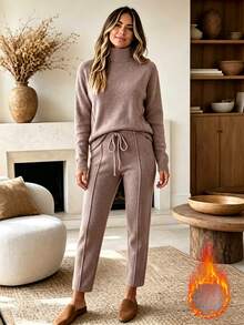 Zayélia Women's Solid Color Stand Collar Long Sleeve T-Shirt And Pants Casual 2 Pieces Set - Khaki - View 1